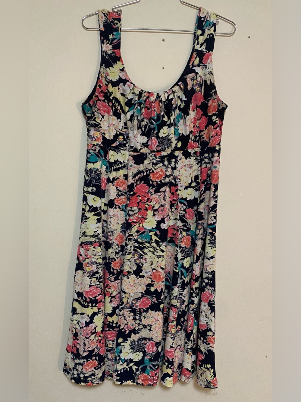 Max & Cleo Black Floral Scoop Midi Dress with Pink and Cream Accents